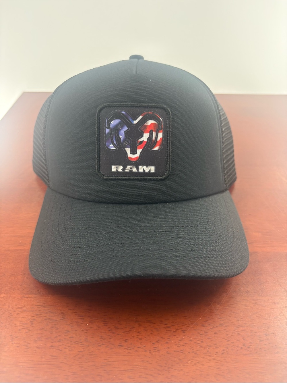 Black Trucker Cap with American Flag Ram Logo